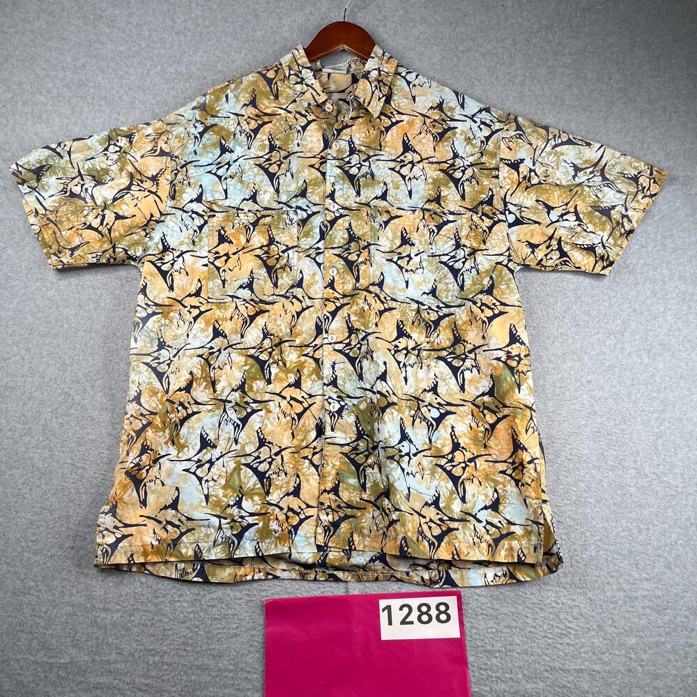 Rum Reggae Fish Print Shirt Orange Navy Beach Casual Button Up Short Sleeve XL